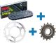 XW-Ring chain set 15/46 incl. rubberised sprocket for max. running smoothness, open RK525XRE chain with 122 links, incl. hollow rivet lock