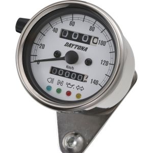 Daytona 'Mechanica II' Speedometer, 140km/h display, 60mm diameter, stainless steel housing, white dial, 4 pilot lights, LED illumination, 6-12V