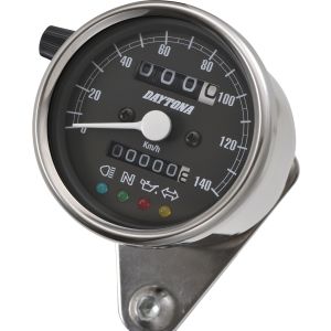 Daytona 'Mechanica II' Speedo, 140km/h display, 60mm diameter, stainless steel case w/o bracket, 4 pilot lights, LED illumination 6-12V,