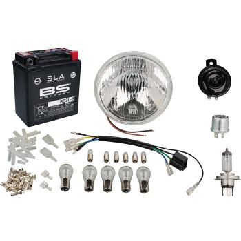 Powerdynamo Extension Kit H4, complete, incl. H4-reflector, adapter loom, SLS-battery, bulbs, horn, flasher relay and small parts