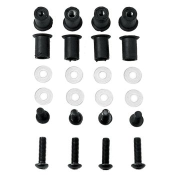 M5x16 Aluminium Screw Set, black, incl. rubber Well Nuts (diameter 9mm), diameter of washer 12mm, 8 screws/nuts/washers