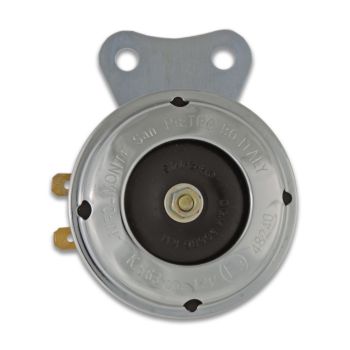 Horn, 12V, 'E'-marked, 100db, chrome/black (d=65mm), backside yello zinc plated, with rubber between horn and bracket