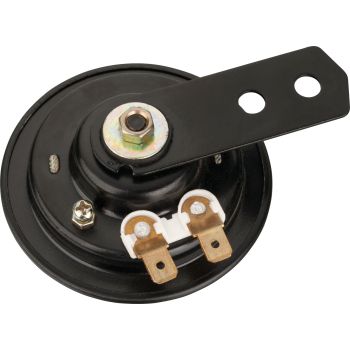 Horn, 12V, 100db, black, d=70mm, w/o rubber between horn and bracket, bracket is screwable