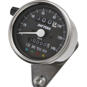 Daytona 'Mechanica II' Speedo, 140km/h display, 60mm diameter, stainless steel case w/o bracket, 4 pilot lights, LED illumination 6-12V,