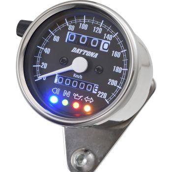 Daytona 'Mechanica II' Speedometer, 220km/h display, 60mm diameter, stainless steel housing, black dial, 4 indicator lights, illumination, 6-12V